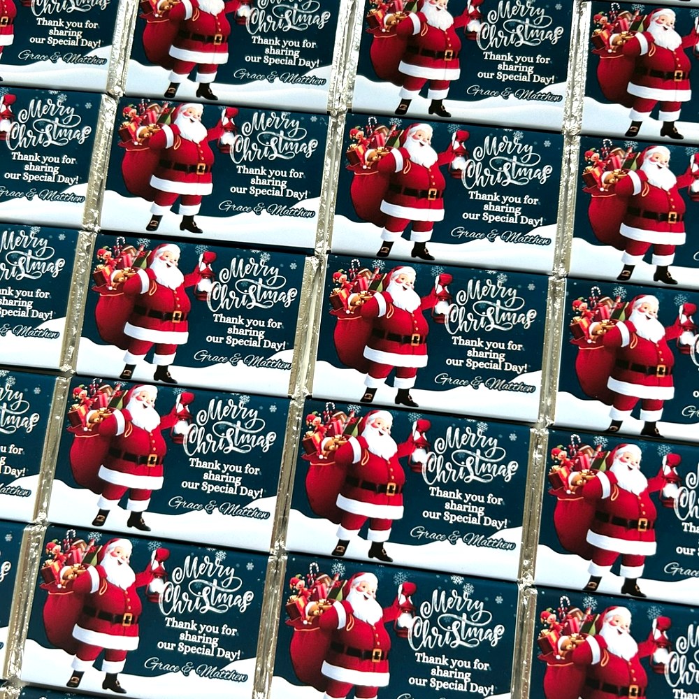 Grace and Matthew Christmas wedding thank-you chocolate bars