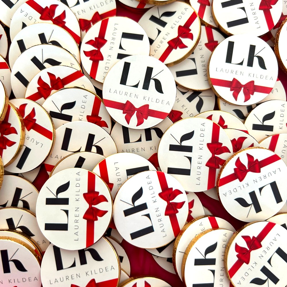 Lauren Kildea branded chocolate coins with red bow