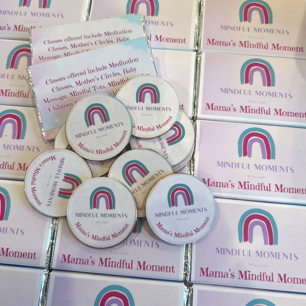 Mama's Mindful Moments branded chocolate bars and coins